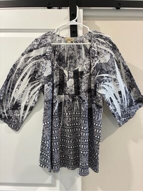 3X Boho Black & White Floral Peasant Tunic with Embroidered Yoke